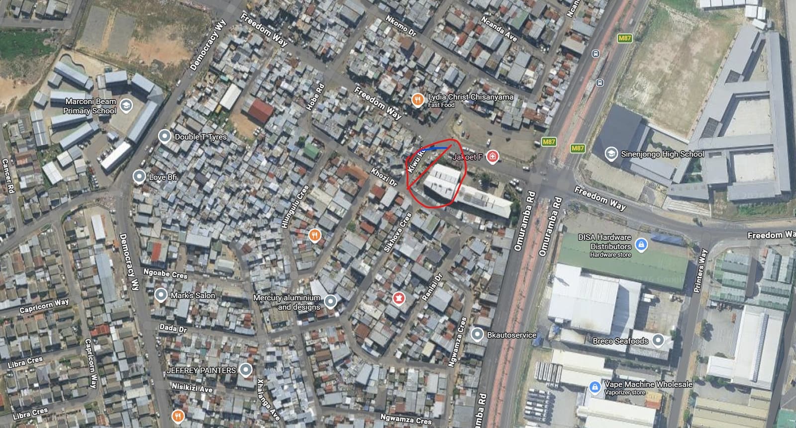 Aerial view of the WasteGo Green facility positioned between the Montague Gardens industrial area and the Joe Slovo community